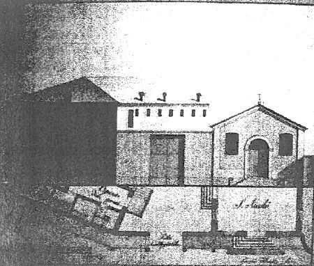 Prospetto della Chiesa S. Nicolò (1775) e Opificio De’ Pazzi (1755) con muro di cinta (A.S.MO. mappe ECA)