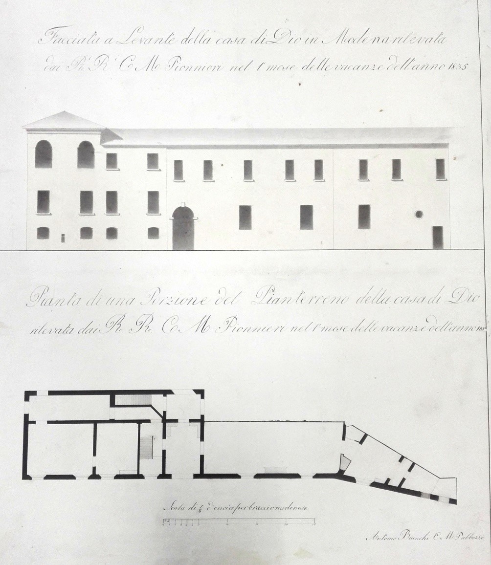 Pianta e facciata della Casa Di Dio – rilievo 1835 (A.S.C.MO mappe ECA)